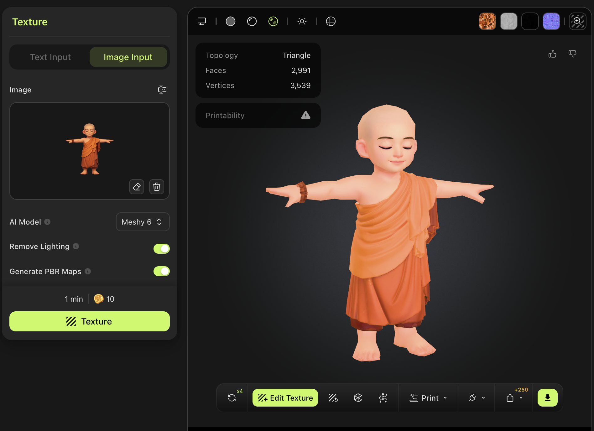 Meshy texture editor — Ananda the child-monk character in orange robes, T-pose, 2,991 faces. Generated in ~1 minute from a concept brief.