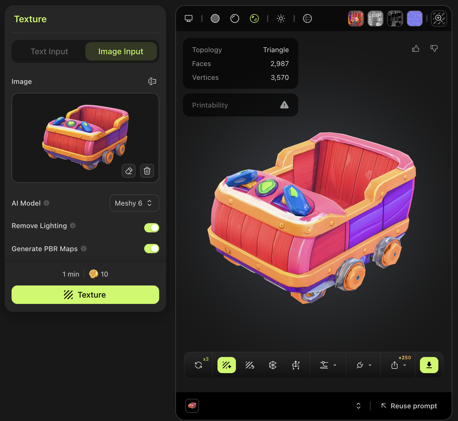 Meshy texture editor — Riley's pink-and-purple mine cart with control panel and gem accents, 2,987 faces.
