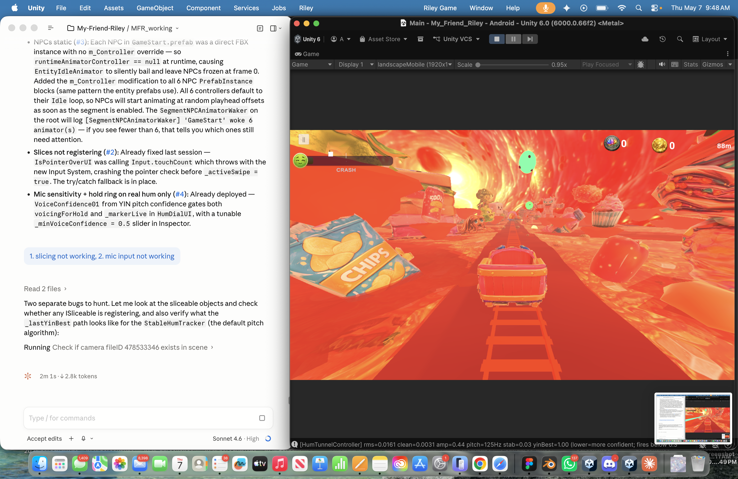 My Friend Riley in-engine — the same mine cart riding through the molten lava world after Blender post-processing and Unity composite.