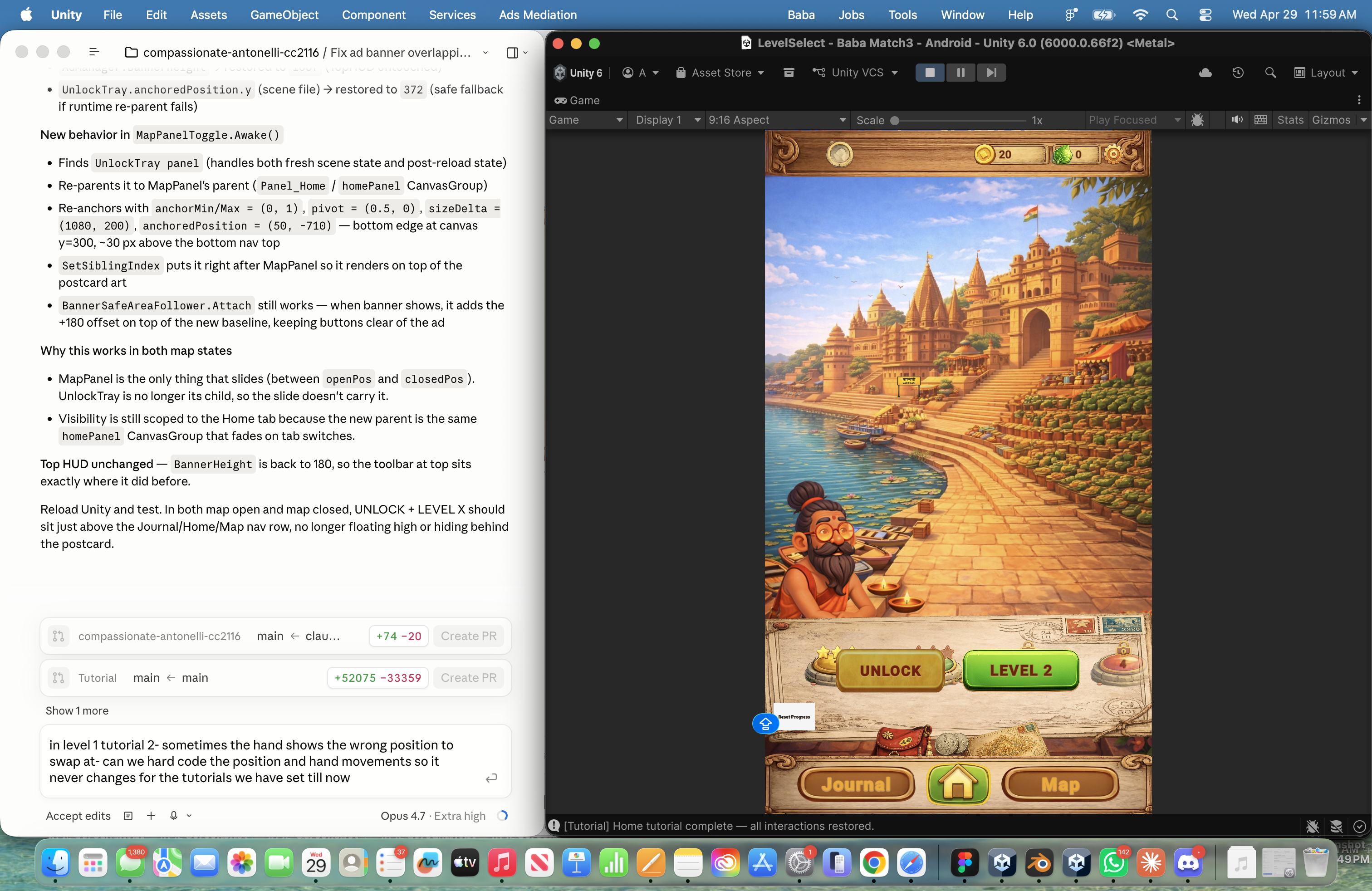 Baba on the Go — Varanasi LevelSelect map with painterly ghats, UNLOCK + LEVEL 2 buttons, Journal/Map nav. Conductor visible at left showing the design-doc → diff workflow.
