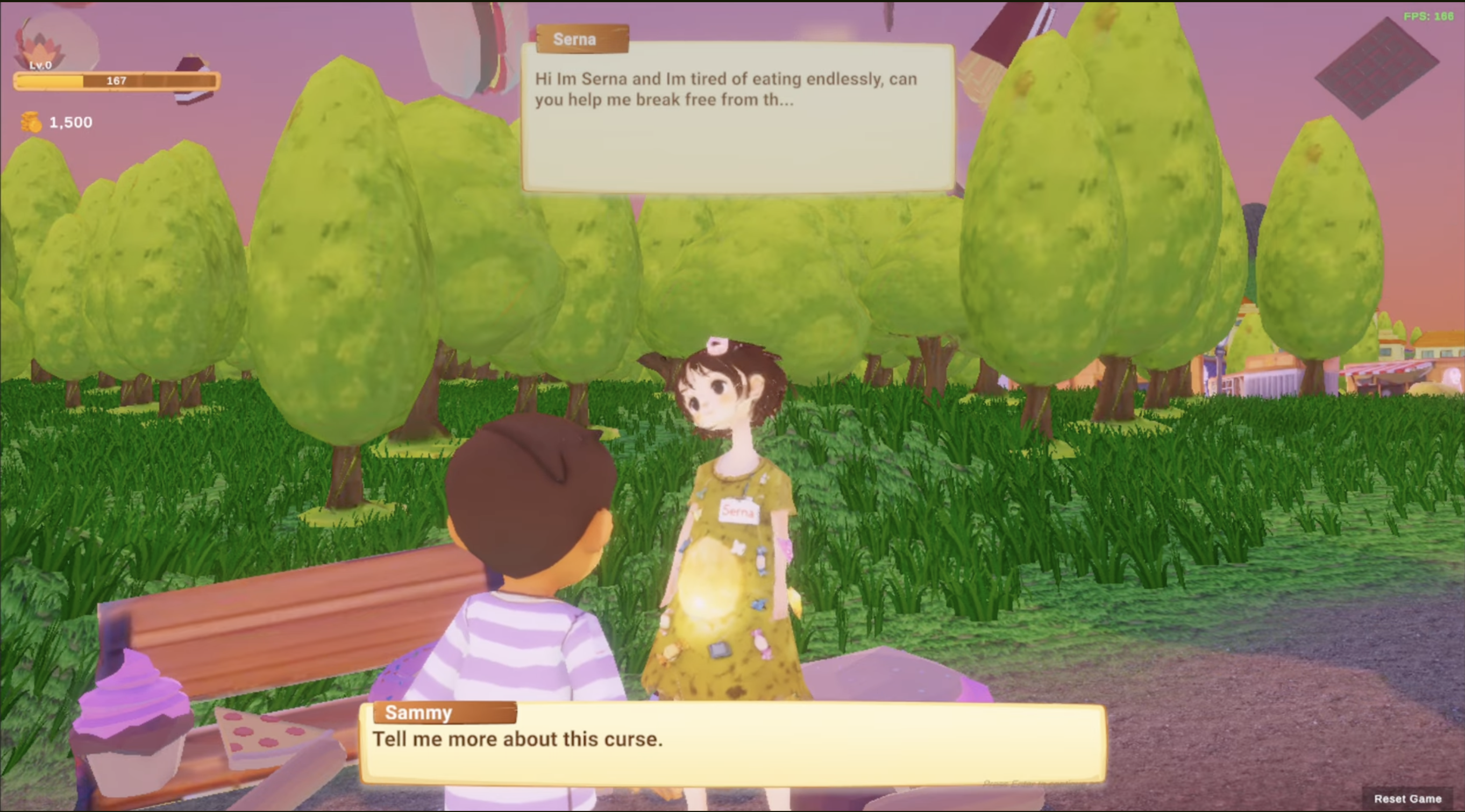 The Karma Project — close-up of Sammy meeting Serna, the hungry-ghost child, on a bench beside uneaten cupcakes. Speech bubble reads 'Hi I'm Serna and I'm tired of eating endlessly, can you help me break free from th…'