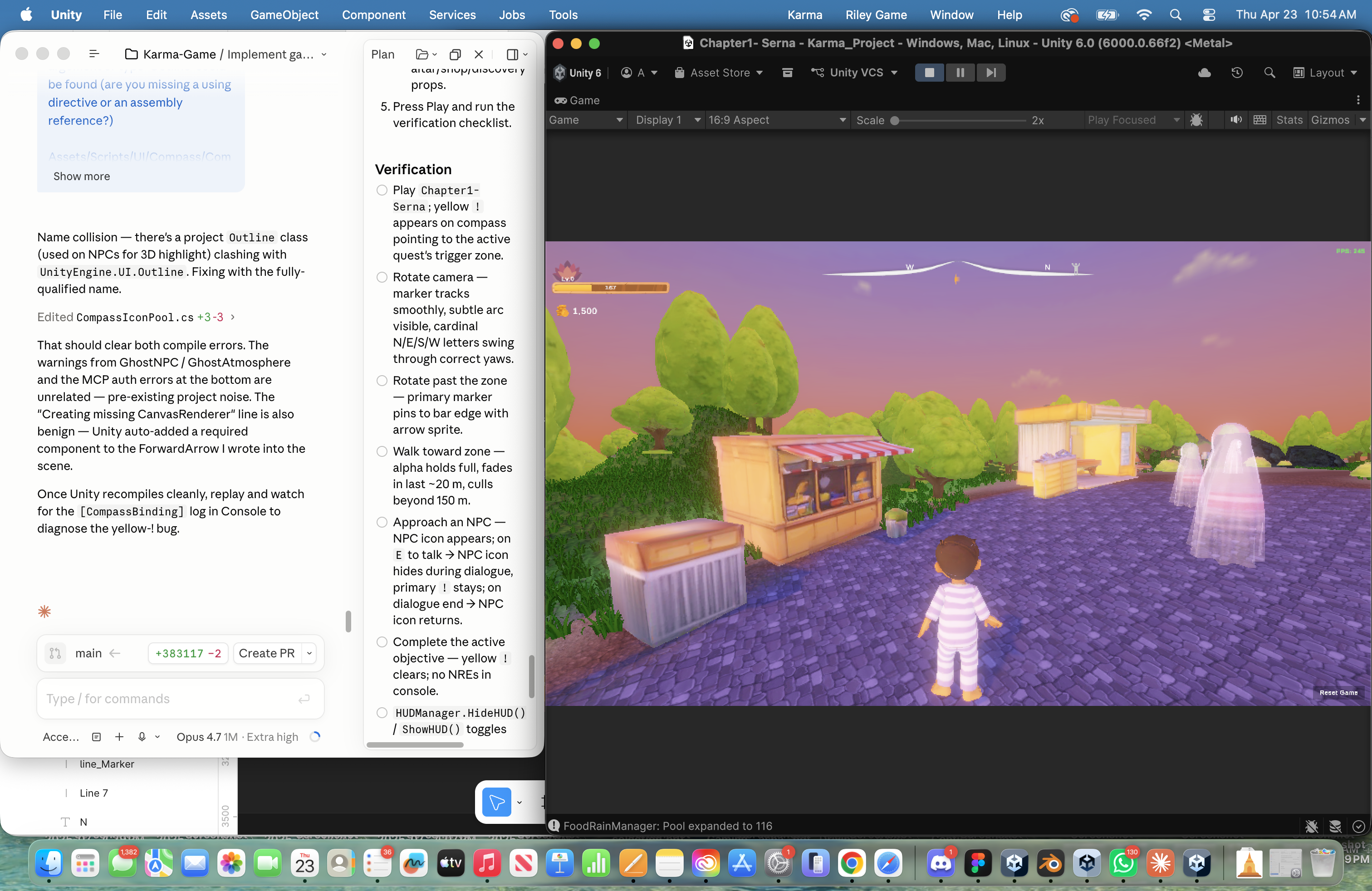The Karma Project — Sammy walking a cobblestone vendor street at sunset; translucent ghost villagers haunt the right side. Compass + cardinal direction marker visible.