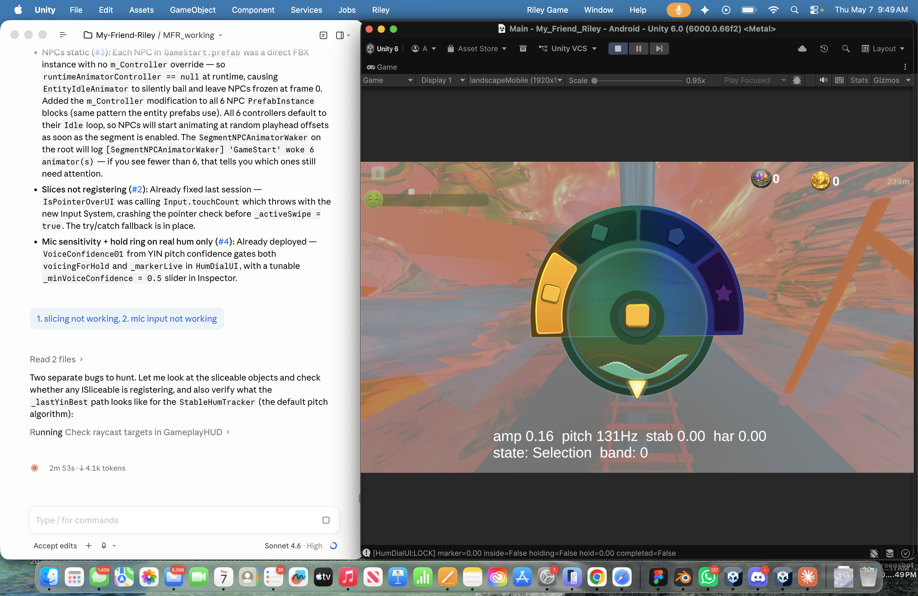 My Friend Riley — HumDial chakra-coloured pitch-matching ring mid-play. Live debug overlay: amp 0.16, pitch 131Hz, state Selection.