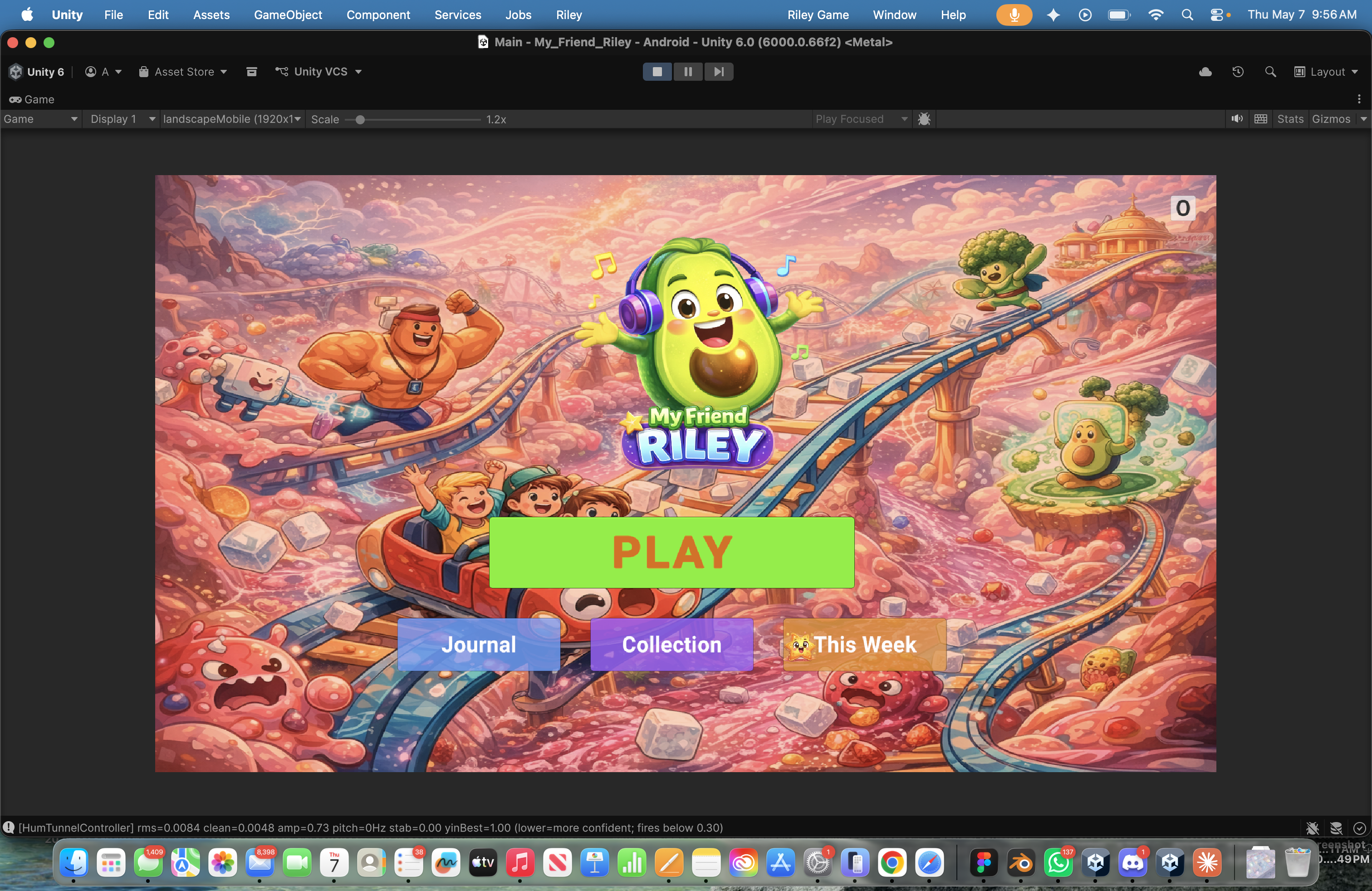 My Friend Riley — splash screen with the avocado mascot mid-river-ride; PLAY, Journal, Collection, This Week buttons.
