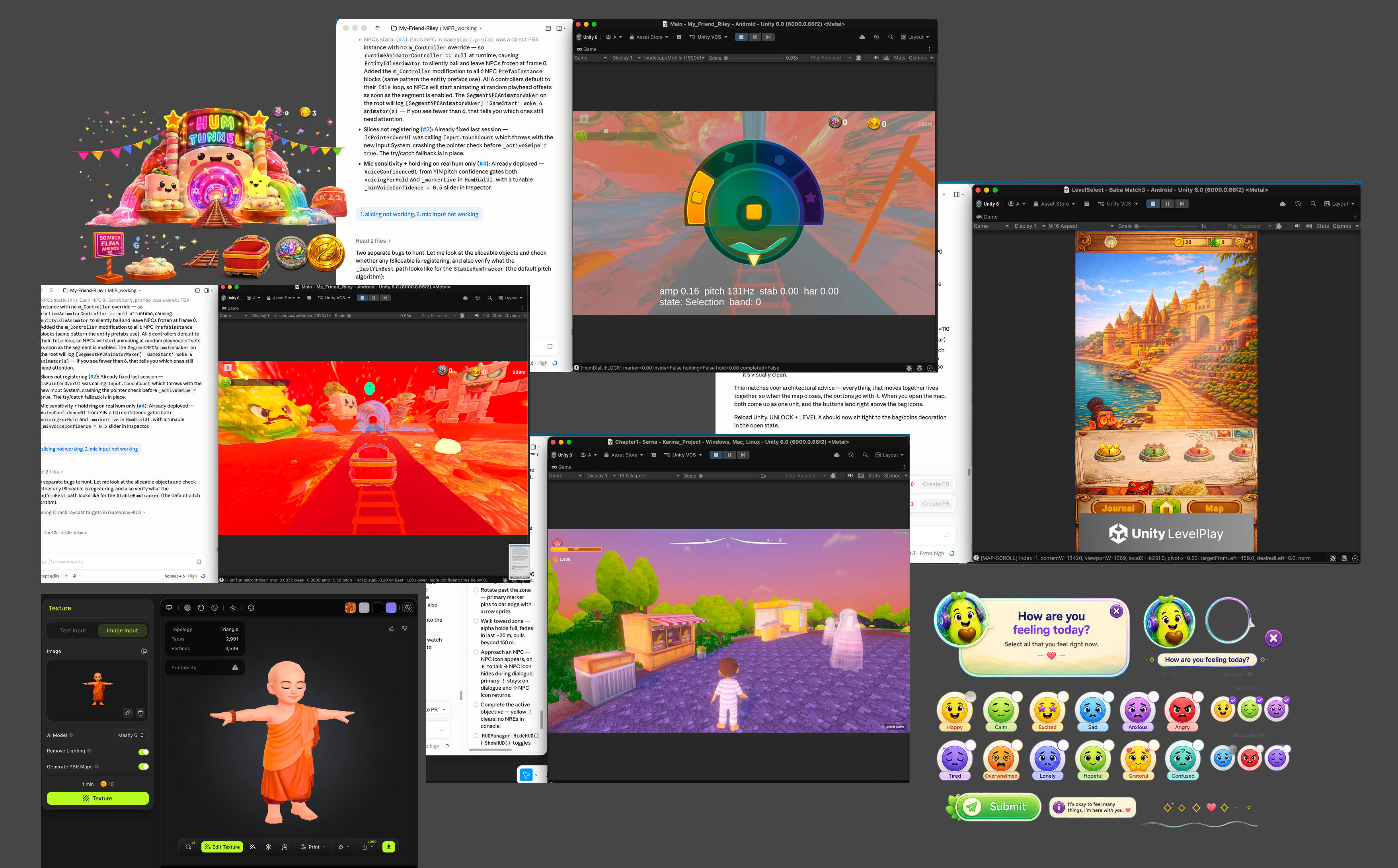 AI-native game dev pipeline — composite of three games (Karma, Baba, Riley) and the tools that built them