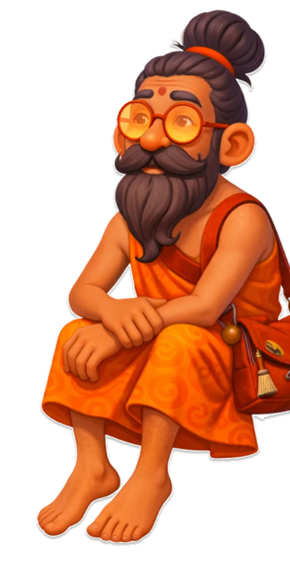 Baba character art — full body, orange robes, walking stick, camera slung over one shoulder