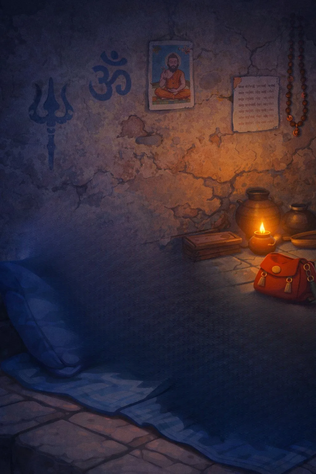 Motion-comic cutscene — Baba meets the young traveller over chai on the ghats, the conversation that starts the journey