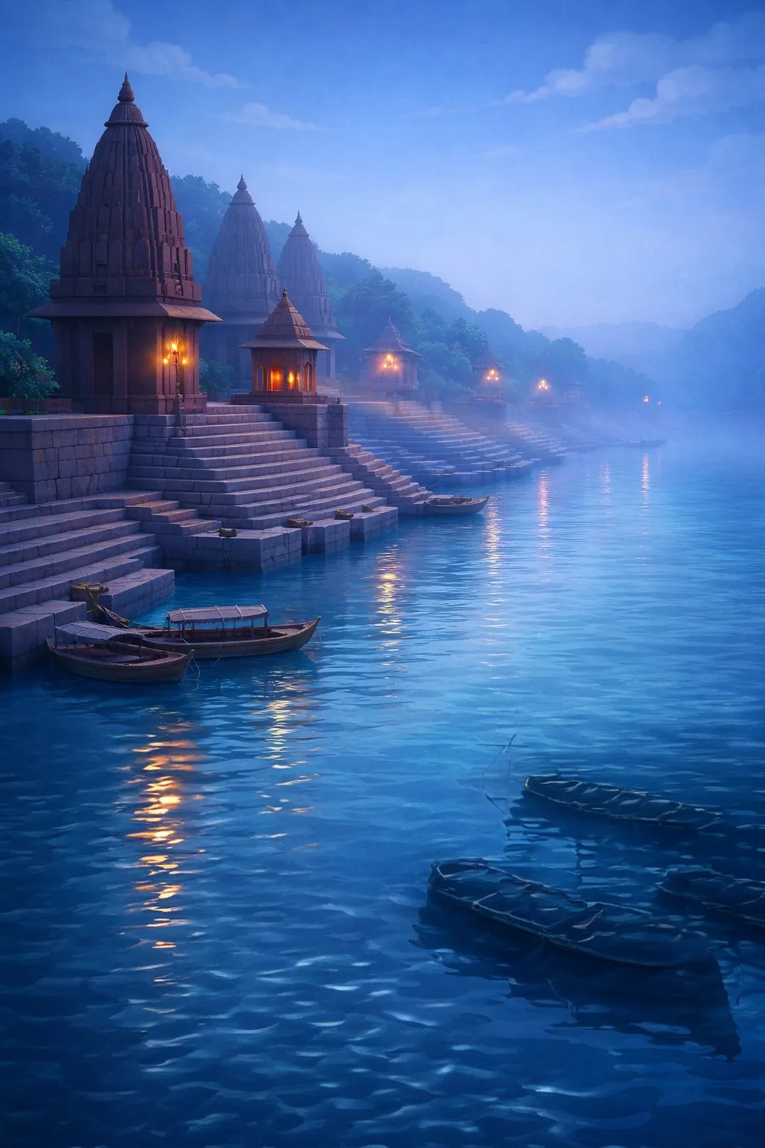 Cutscene backdrop — Varanasi at dawn, diyas floating downstream on the Ganges