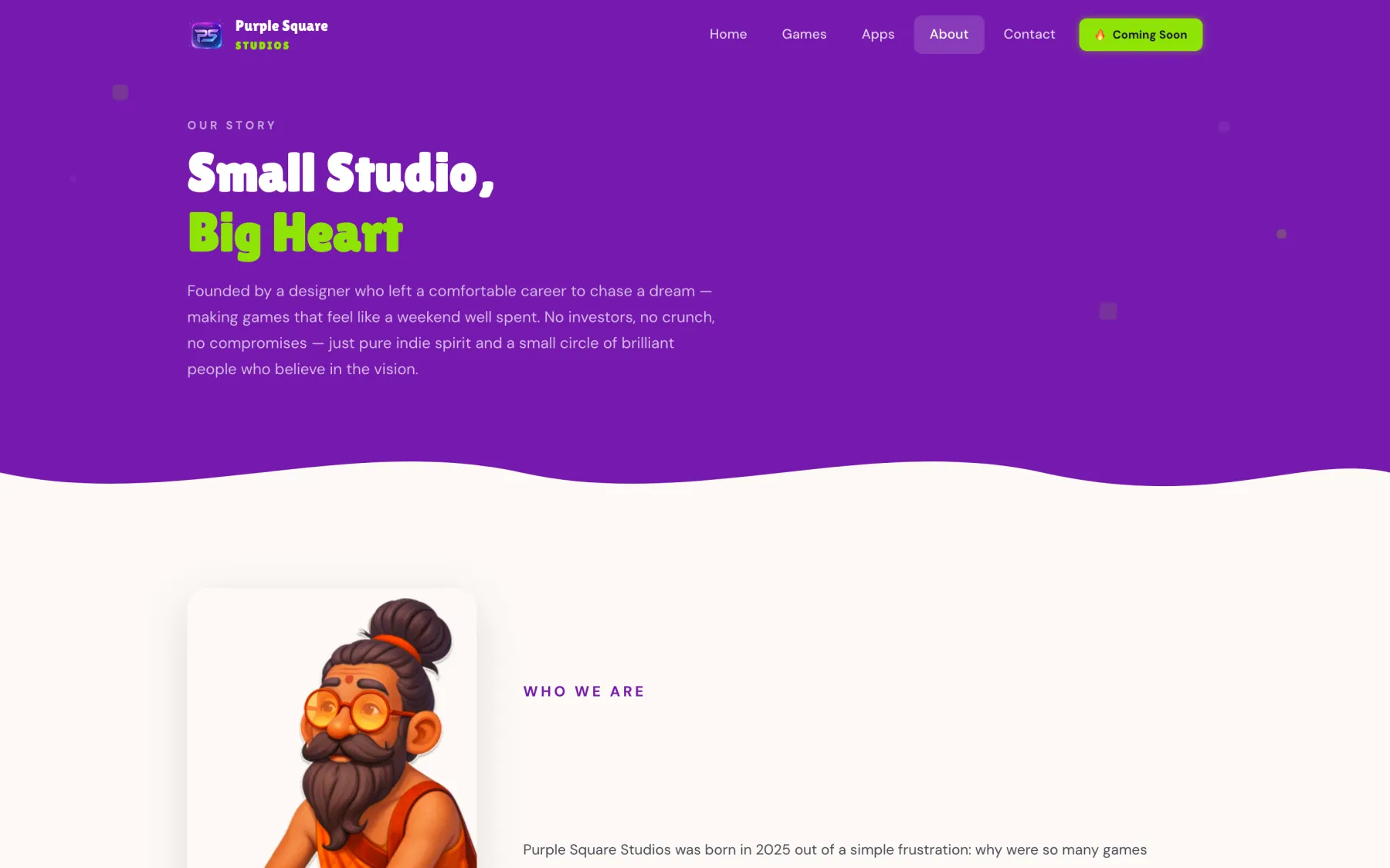 purplesquarestudios.com about page — 'Four and a Half Humans': founder, three consultants, and two dogs as Chief Happiness Officers