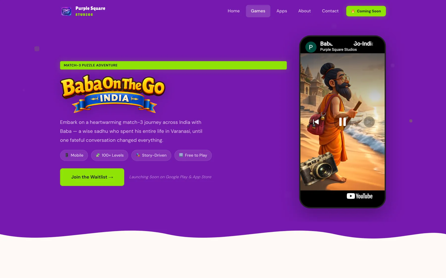 Baba On The Go: India game page on purplesquarestudios.com — logo, pitch, feature chips, waitlist CTA, and the trailer playing in a phone mockup