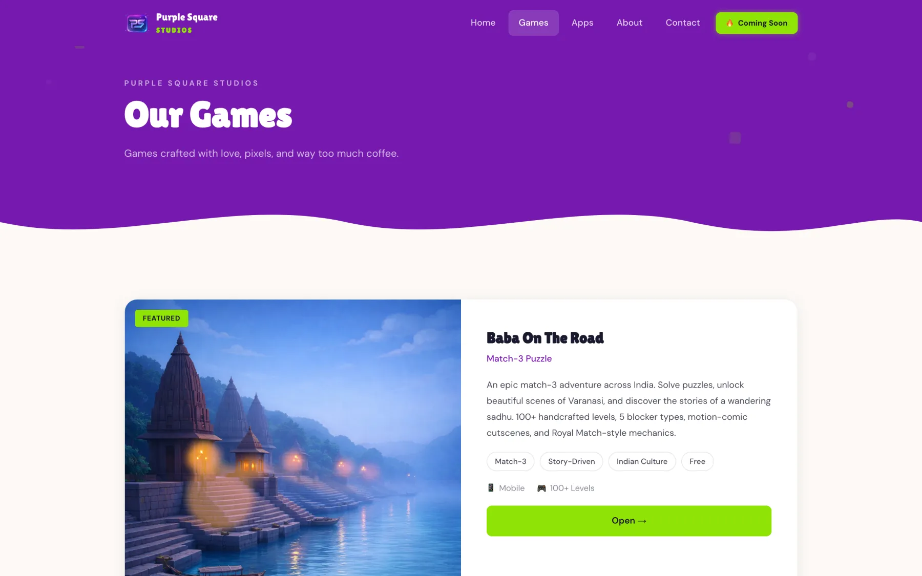purplesquarestudios.com games page — Baba On The Go: India hero with logo, pitch, feature chips and trailer phone mockup