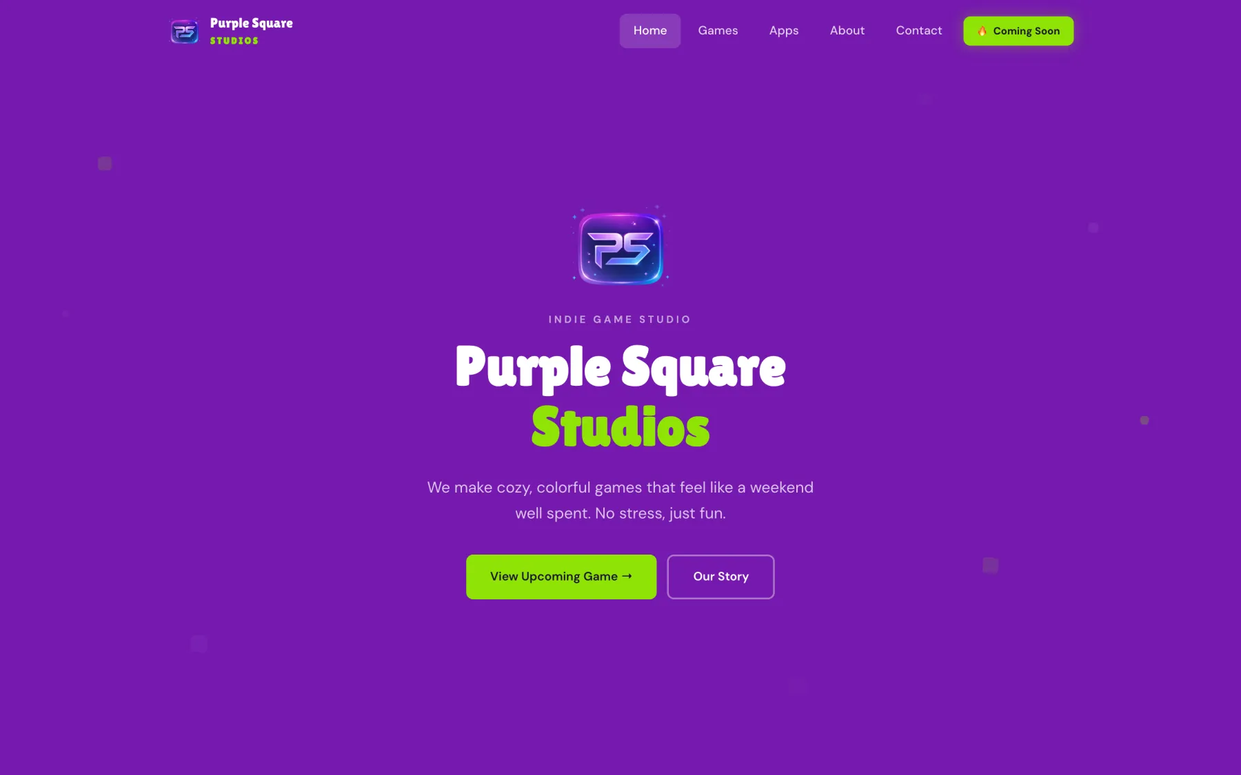 purplesquarestudios.com home — purple hero, studio logo, 'We make cozy, colorful games that feel like a weekend well spent. No stress, just fun.'
