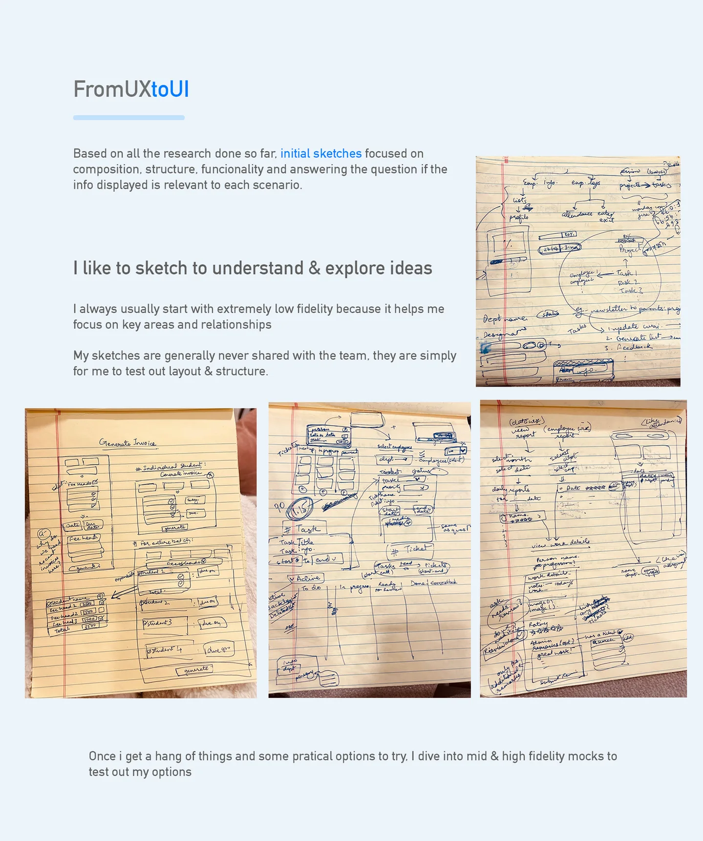 From UX to UI — hand sketches exploring composition, structure, functionality