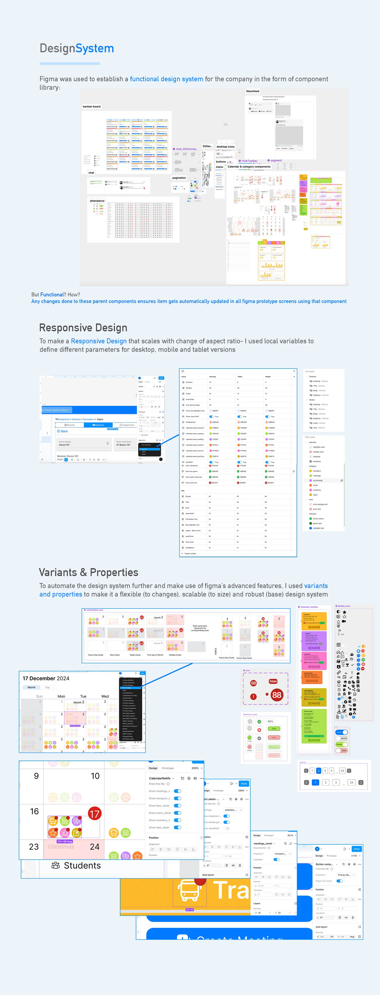 Design system — Figma component library, responsive variants, properties