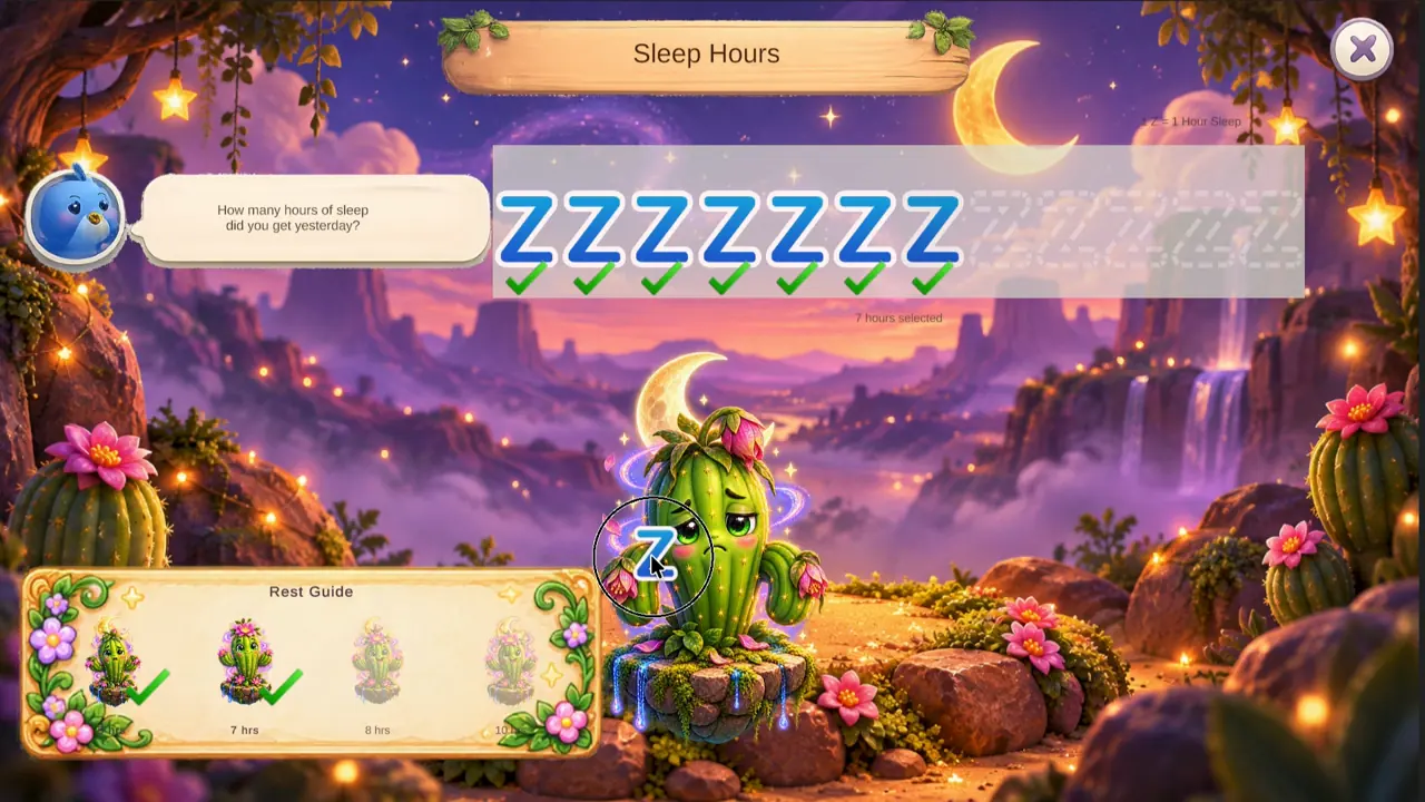 Sleep screen: the moon cactus in a twilight canyon, fed with moon tokens for hours slept
