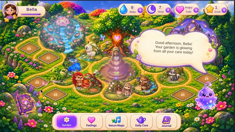 My Friend Riley — the living garden with emotion pets around the heart tree