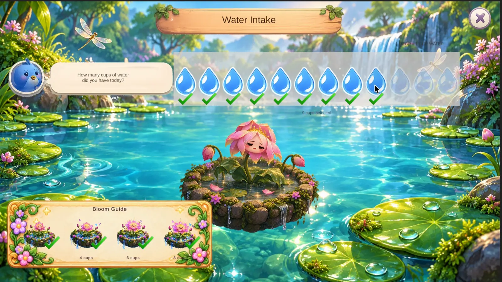 Water logging screen: a lotus pond where each dropped water drop is a cup drunk today
