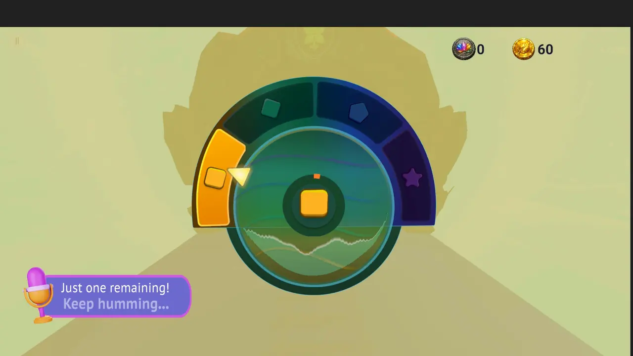 The HumDial in-game: a glowing radial dial with colored band wedges filling while the player hums