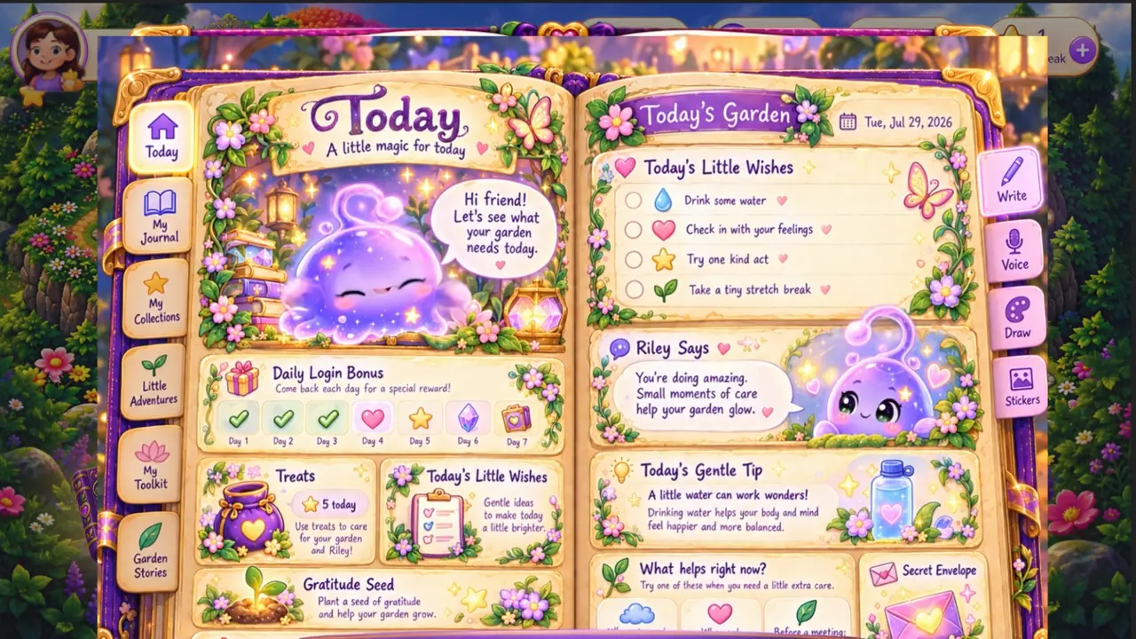 The Living Journal's Today page: wishes, a gratitude seed, and the daily login bonus in Riley's magic book
