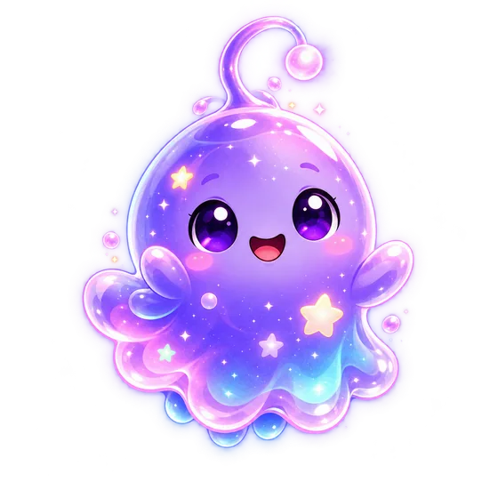 Riley, a glowing purple jelly friend