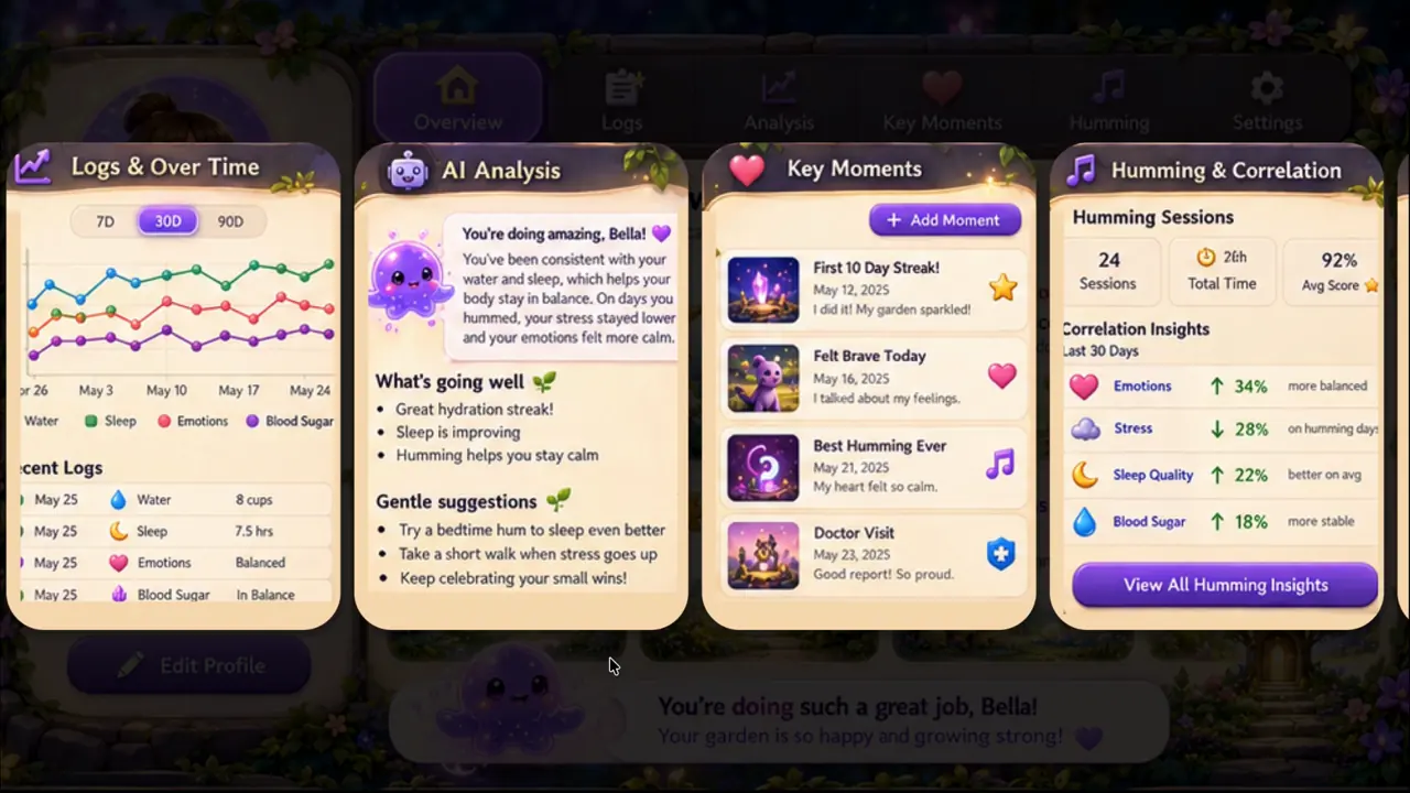 Grownup insights: logs over time, key moments, and humming trends behind the vault PIN