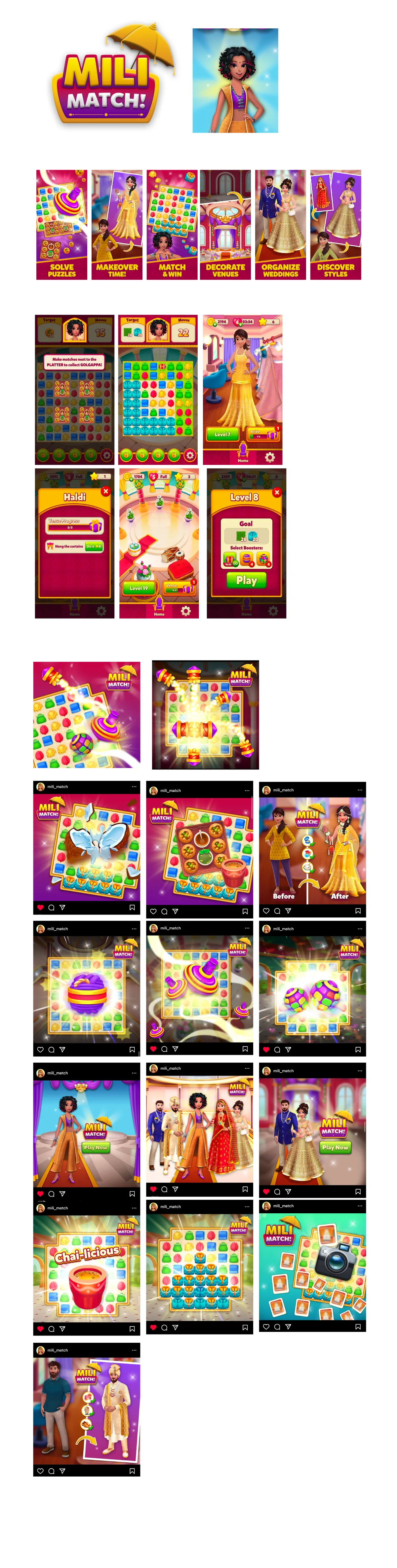 Mili Match — full case-study composite showing logo, Mili, UI screens, and gameplay mockups